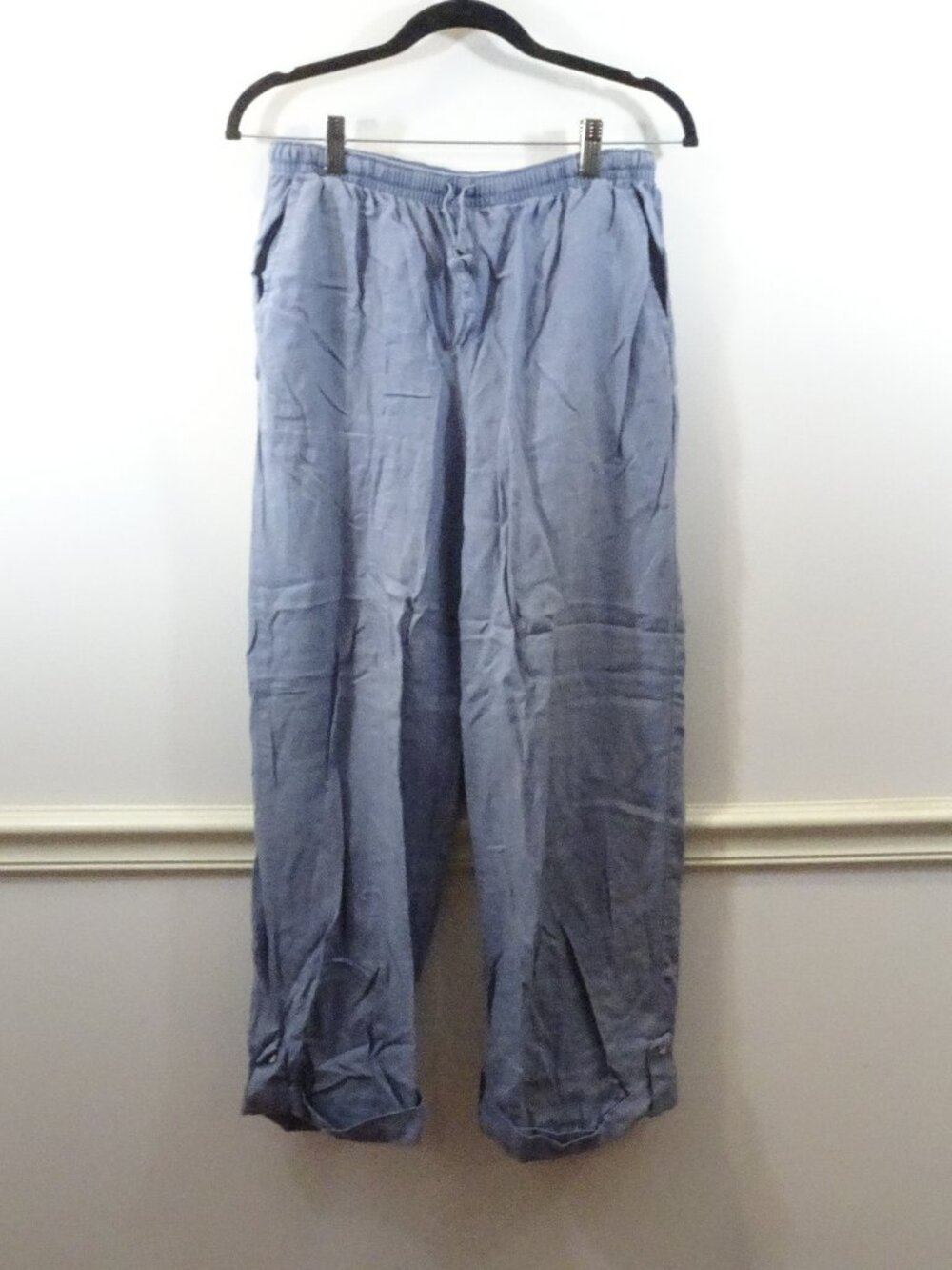 TSD Two Star Dog Gray 100% Linen Lagenlook Boho Cuffed Hem Pants S Drawstring